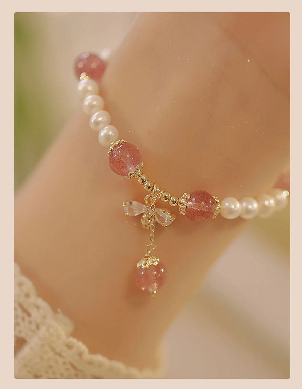 Strawberry quartz crystal bracelet with stringed pearls and bow charm in INS style
