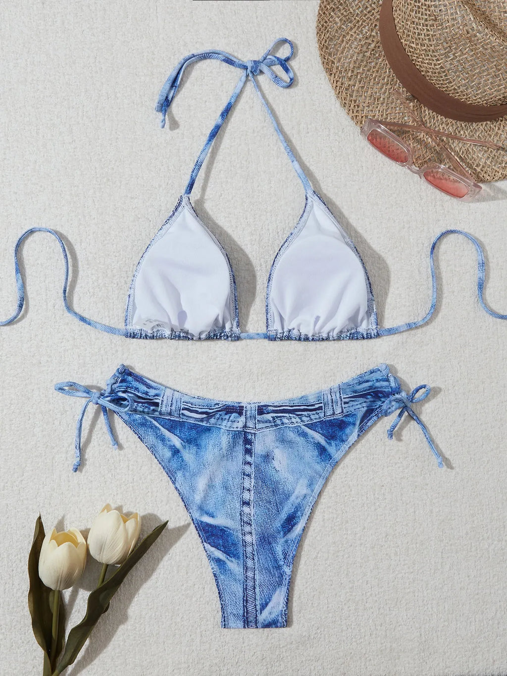 Women's denim blue printed bikini swimsuit with decorative strap detailing