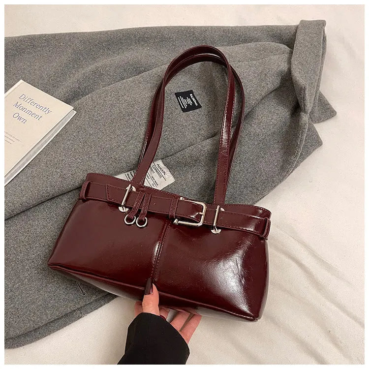 PU textured horizontal square underarm shoulder handbag in urban simplicity style with sewing thread detail, available in multiple colours