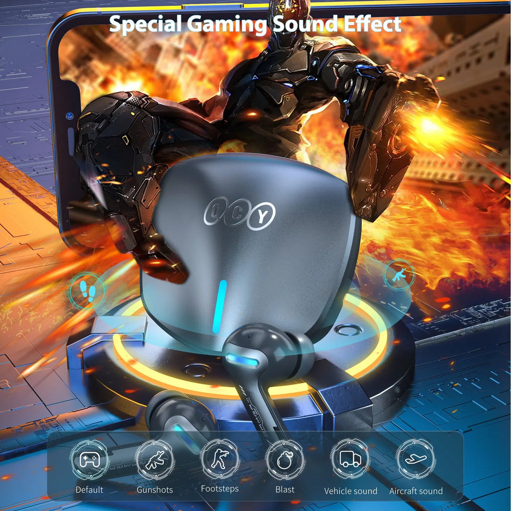 QCY-G1 in ear Bluetooth headset with charging case, blue and grey colours, low-latency gaming earbuds