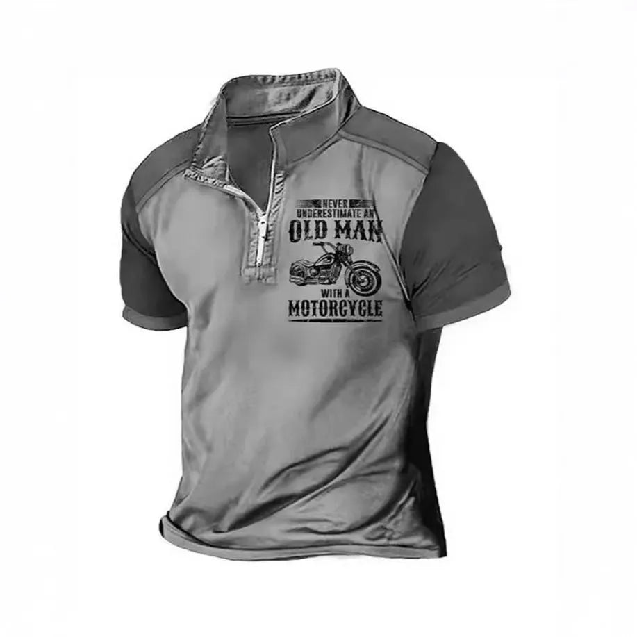 Men's casual polo shirt with lapel, zip decorations, and digital letter print in various colours.