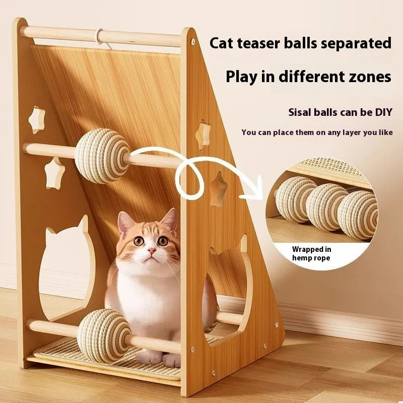 Vertical wall-mounted cat scratch board with sisal surface and cat teasing ball with hemp rope