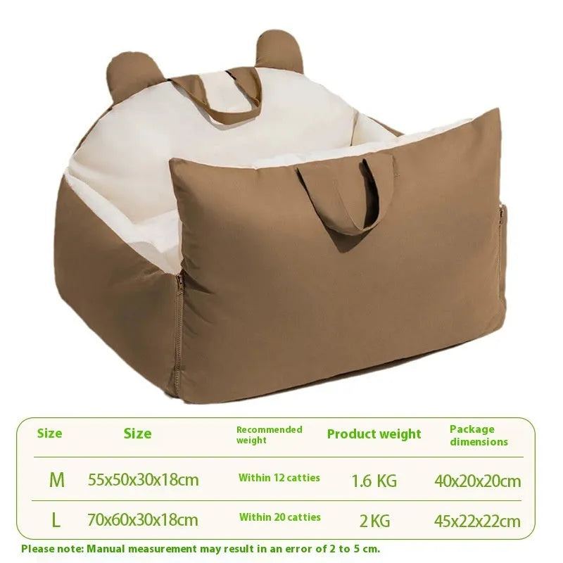 Removable and washable dog car kennel in beige, showing medium and large size options.
