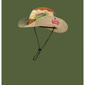 Army green cotton foldable fisherman hat with flat top crown and hand-painted punk details