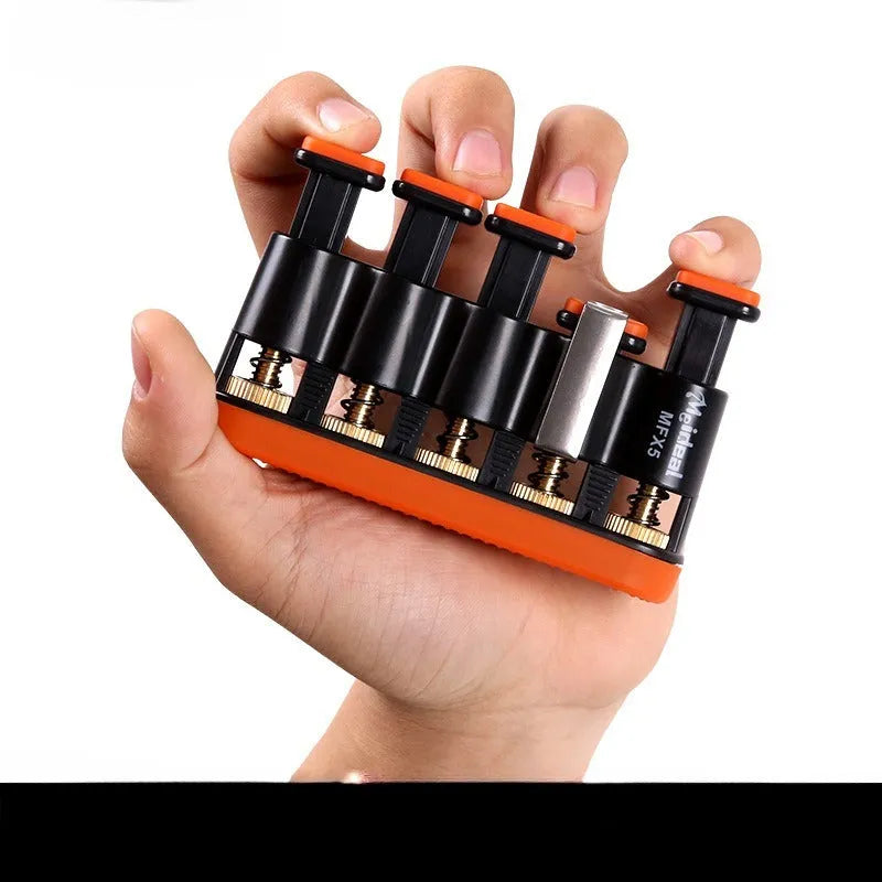 Grey and orange silicone finger exercise tool for musicians and climbers.