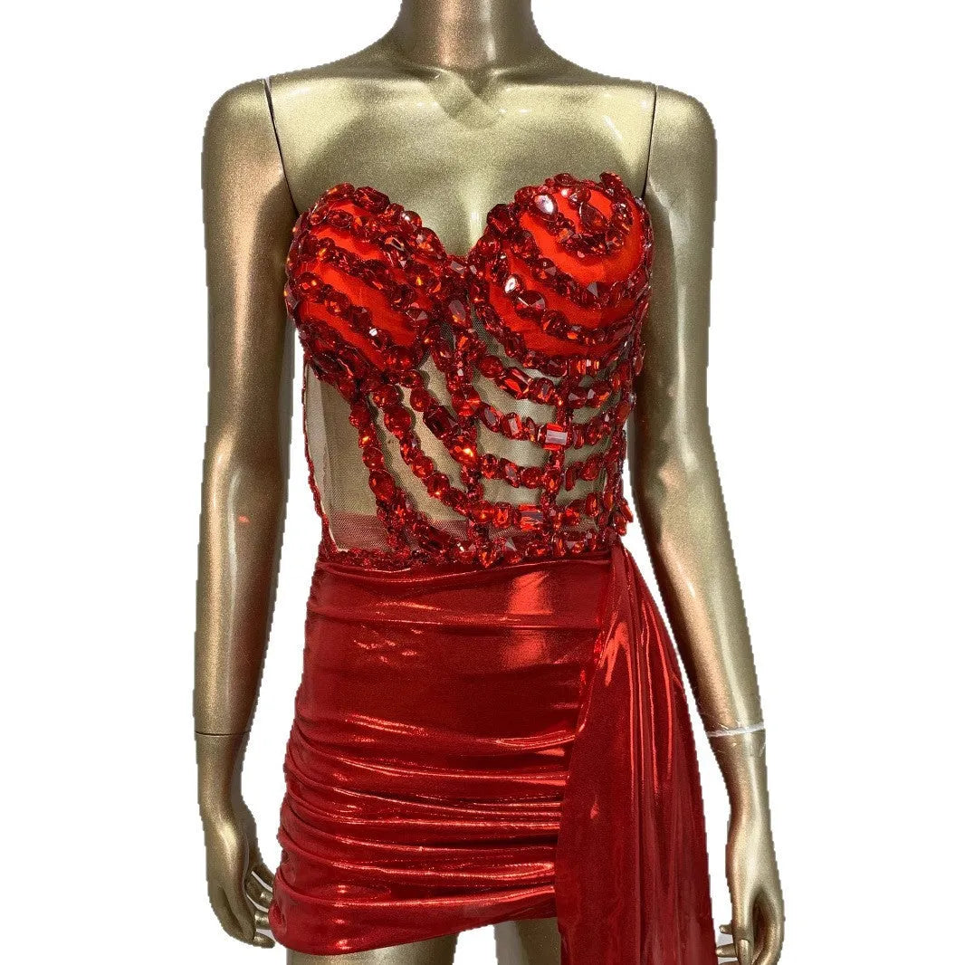 Red hollow mesh see-through skirt suit stage costume for women performers