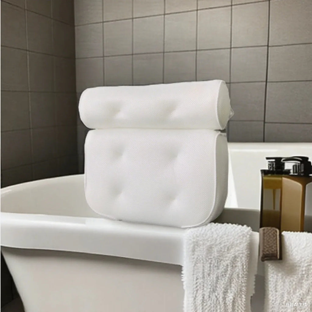 White 3D bathtub pillow with mesh fabric and suction cups on a bathtub edge.