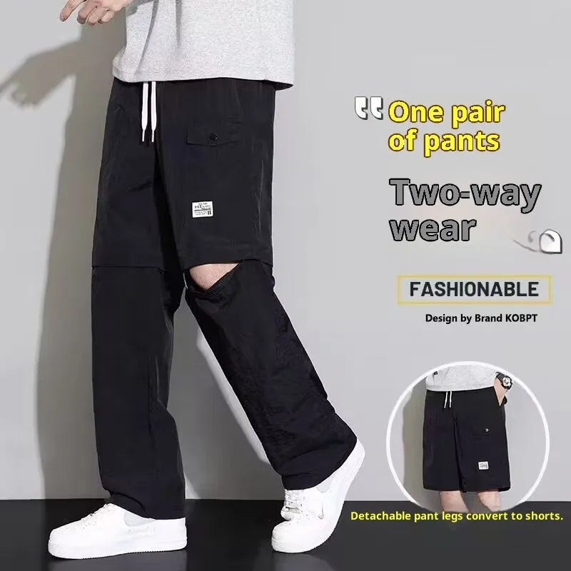 Men's 2-in-1 detachable overalls in khaki, convertible to cargo pants with drawstring waist and multiple pockets