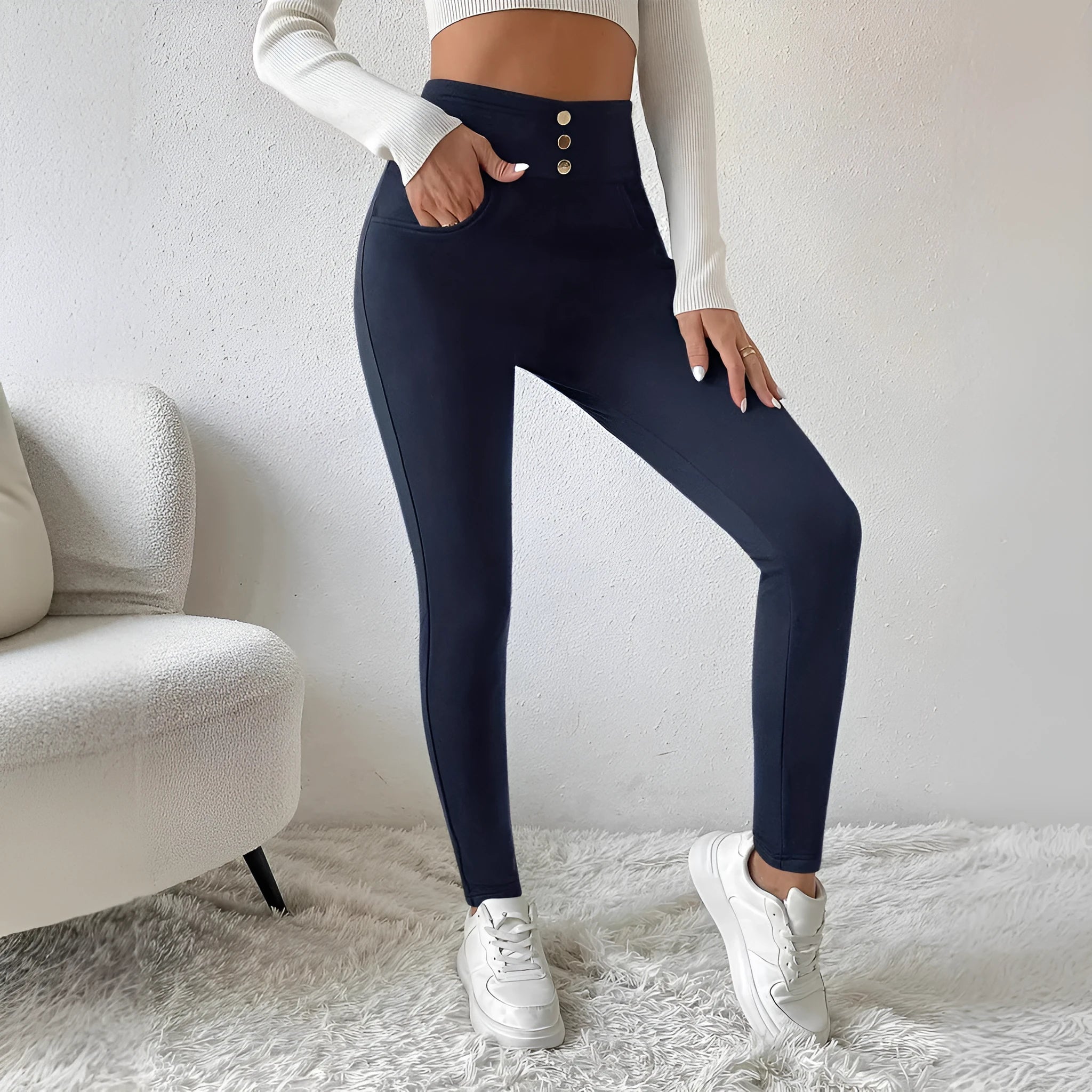 Women's navy blue high waist slim trousers with straight leg cut and micro elastic polyester fabric