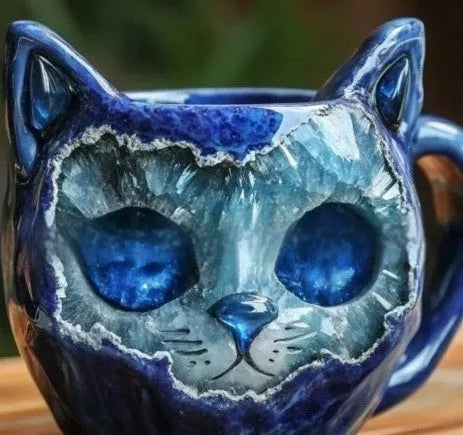 Handmade purple resin geode mug with a crystal cat cup design on a wooden table.