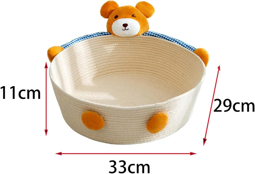 Woven cotton rope cat bed with scratching board surface, available in bear or rabbit styles.