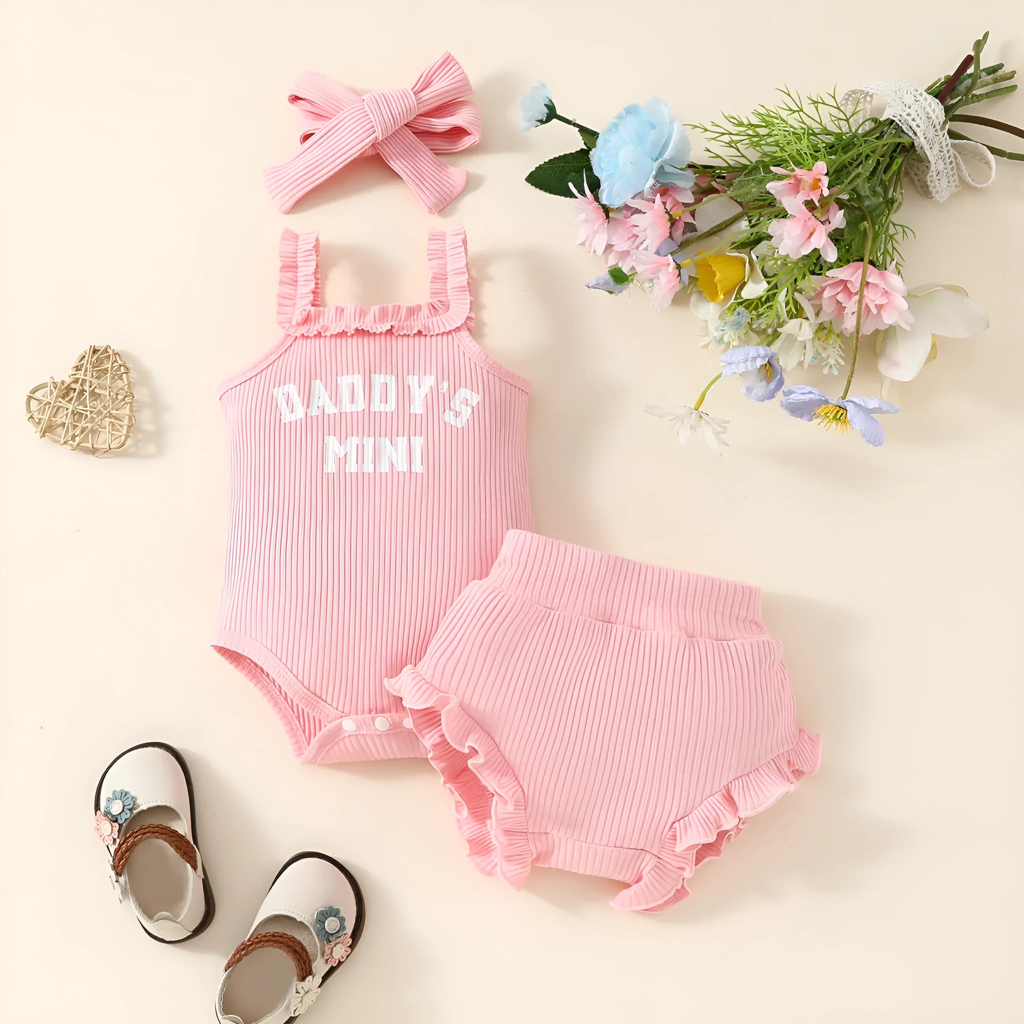 Girls summer romper three-piece set in LB345 pink with sleeveless hoodie and shorts on white background