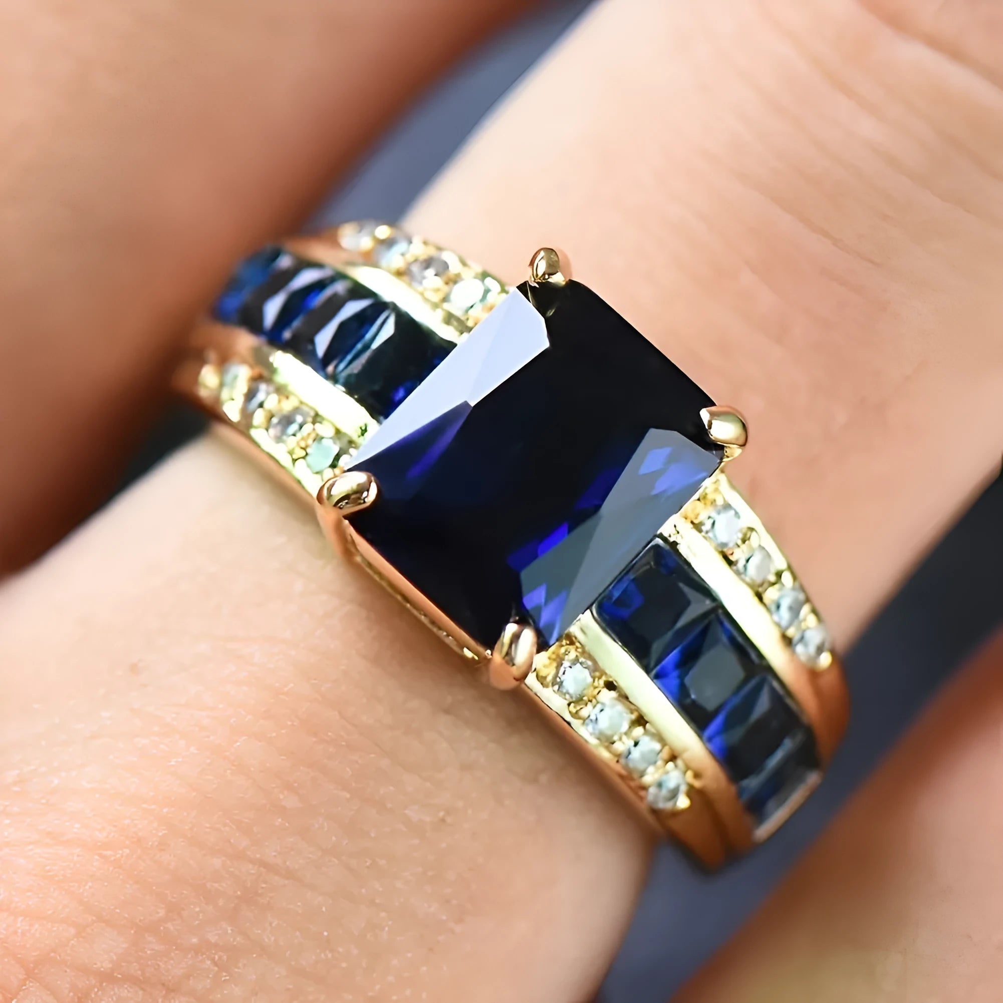 Personalised zinc alloy ring with gemstone options including blue diamond and zircon stones in sizes 6-11