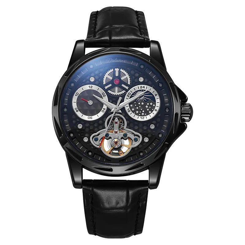 Men's waterproof automatic watch with luminous markers on a steel bracelet and a black dial.