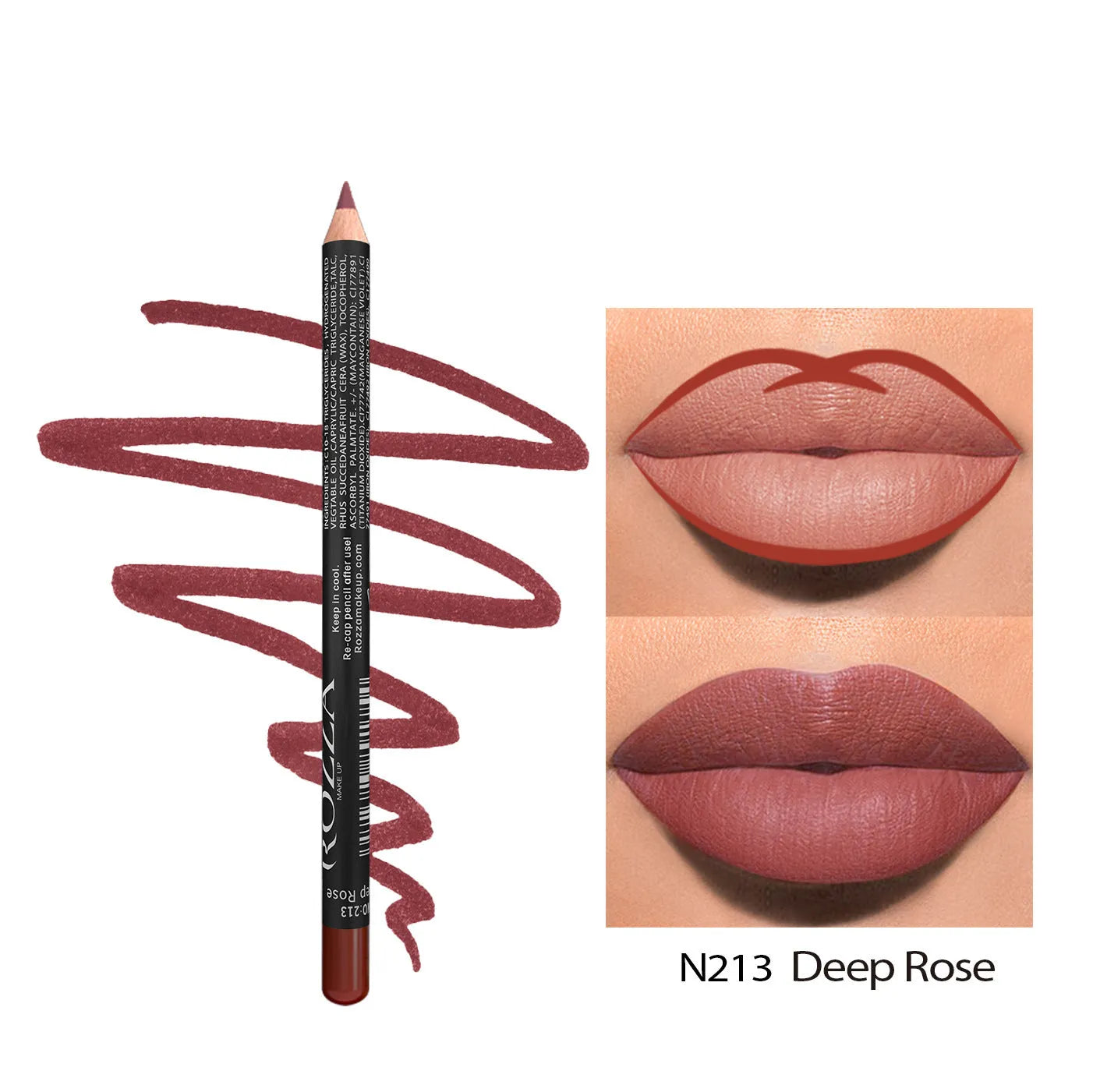 Wood-cased matte lip liner pencil in one of fourteen shades, shown on a hand