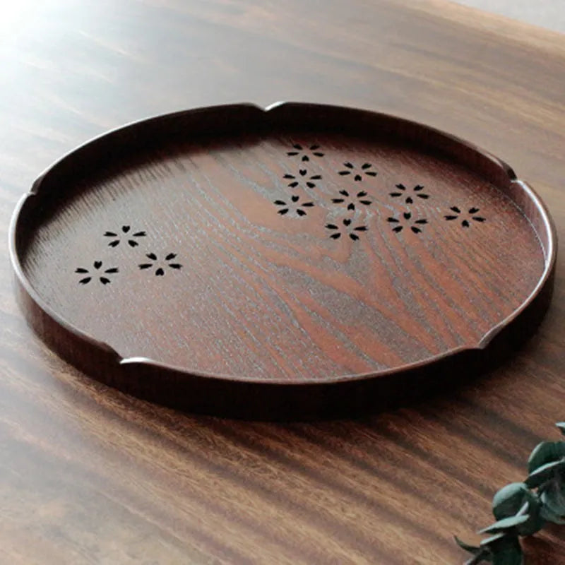 Wooden shallow plate with hollow Sakura cherry blossom pattern, 30cm diameter