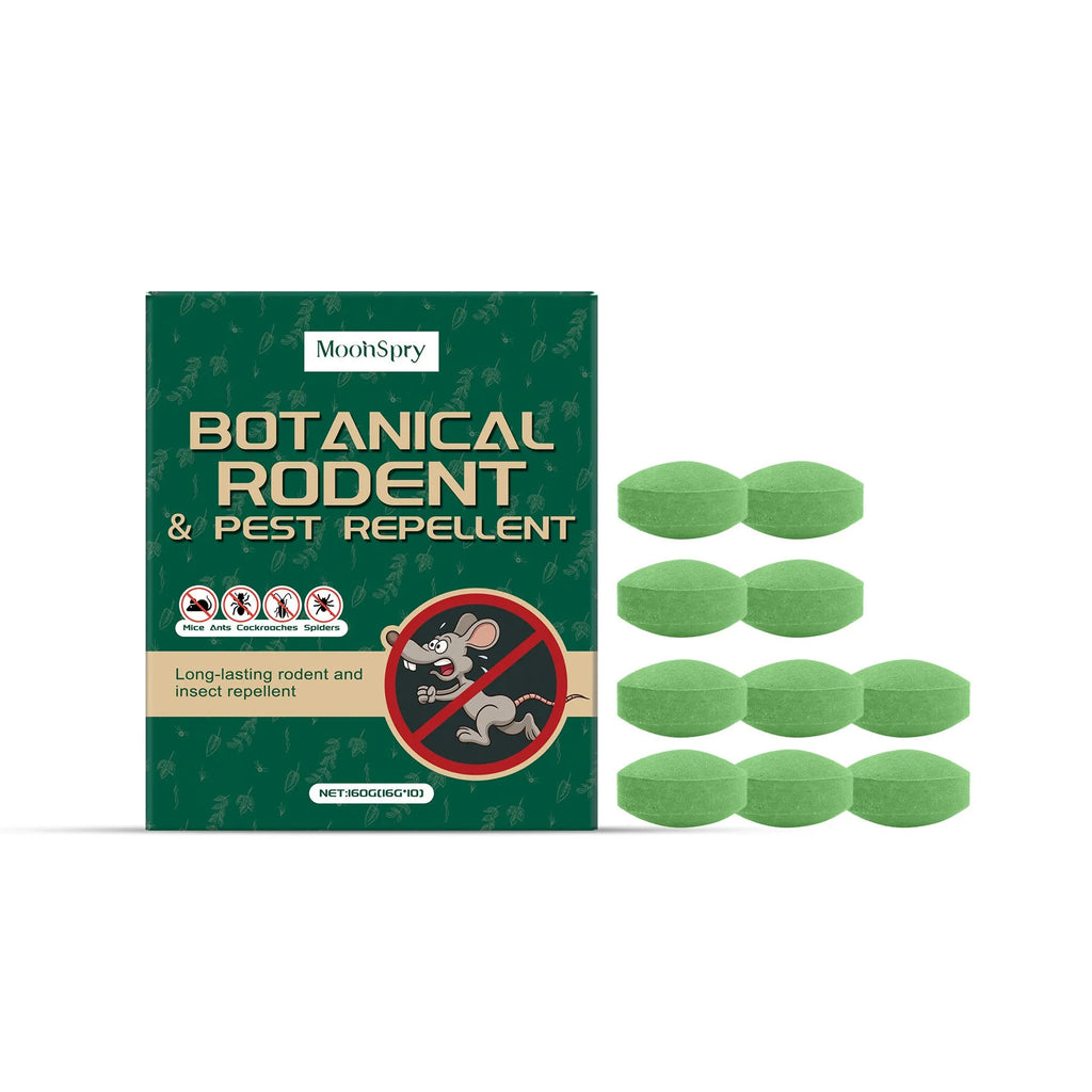 Ten grey rodent repellent pills and three white mesh bags for warehouse and household pest control.