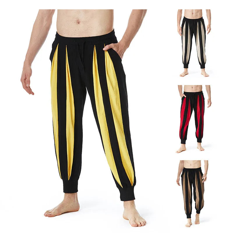 Men's straight-leg casual trousers in brown, khaki, red, and yellow colours for spring.