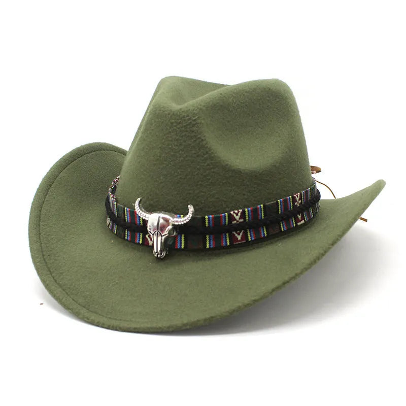 A Western-style bell crown cowboy hat on a stand, shown in an army green colour.