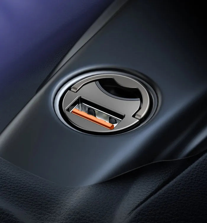 Baseus electro-optical grey mini car charger with single USB port and 1 metre cable