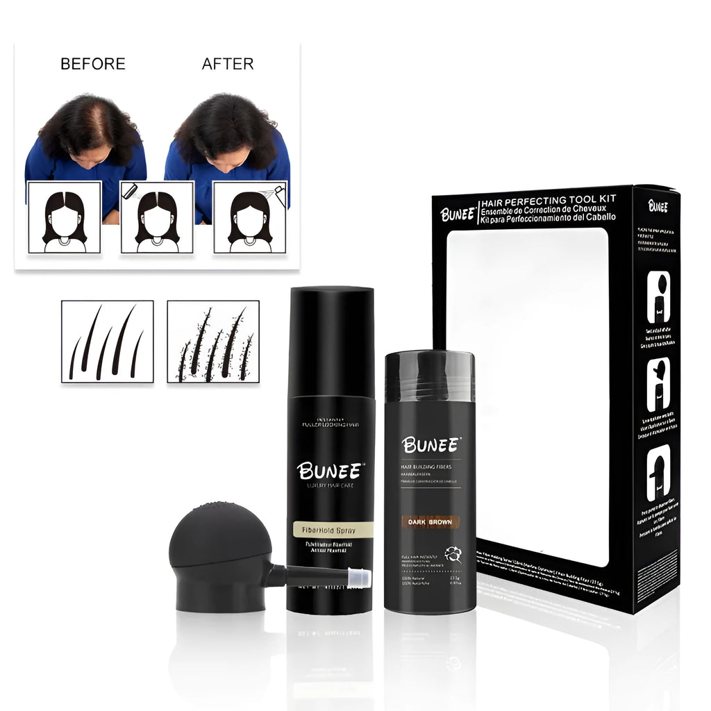 Dense Hair Fibre 275g kit with powder canister, shaping spray bottle and application nozzle.