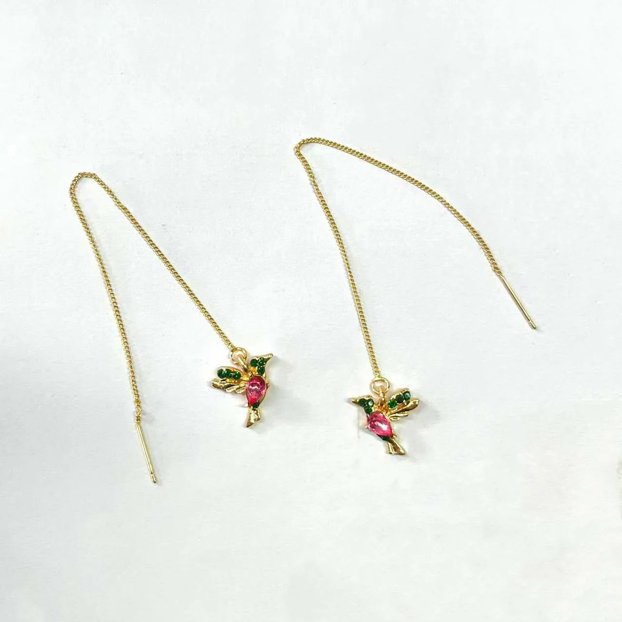 Long drop bird charm earrings in alloy with zircon detailing, available in blue, red, and red lvzuan.