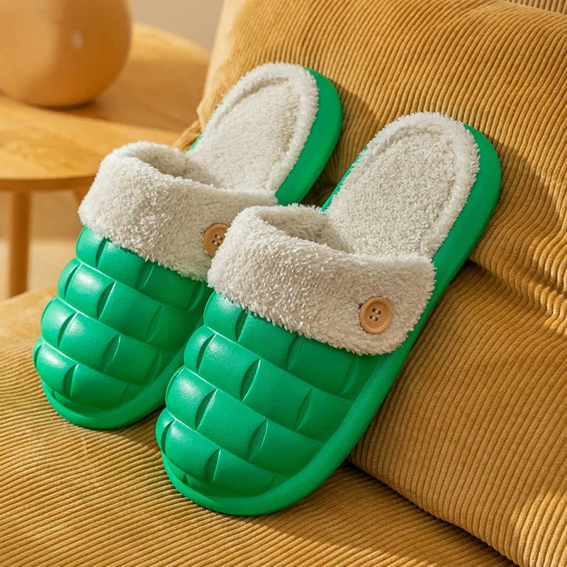 Plaid pattern detachable slippers with EVA sole and plush lining, shown in pink colour.