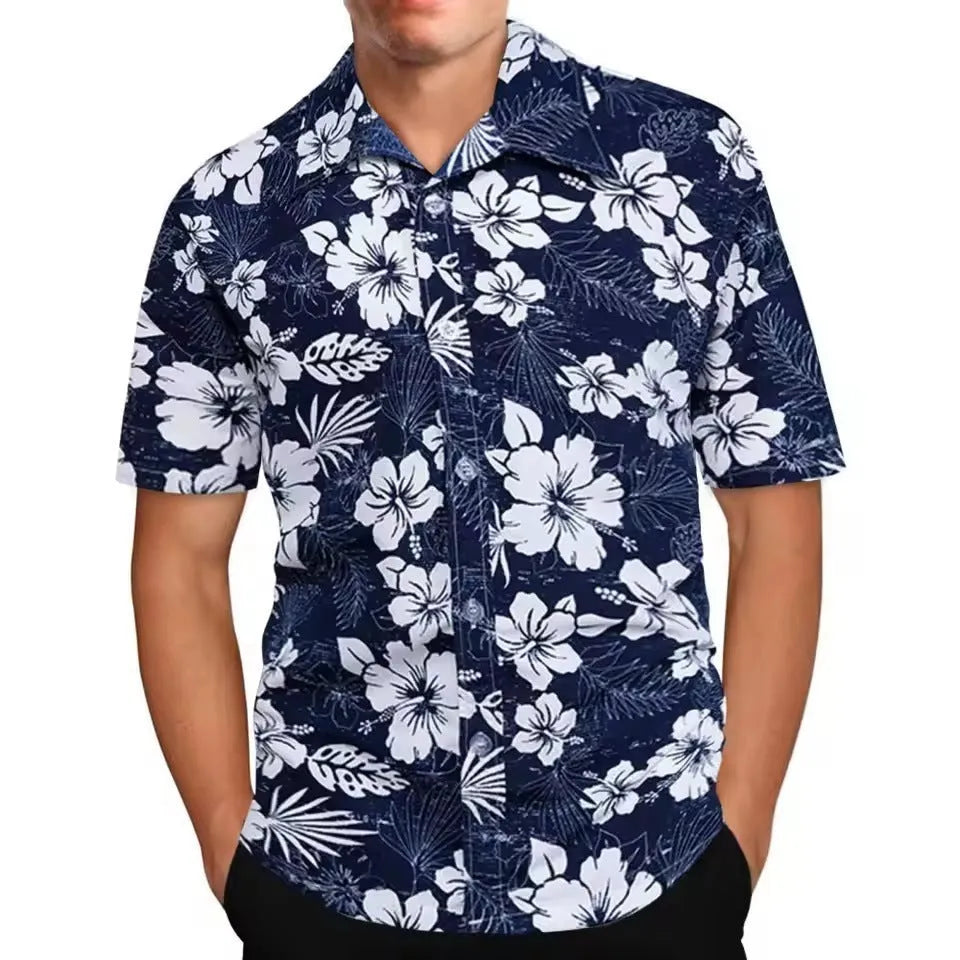 A man's loose-fitting short sleeve cardigan-style top with a colourful floral print.