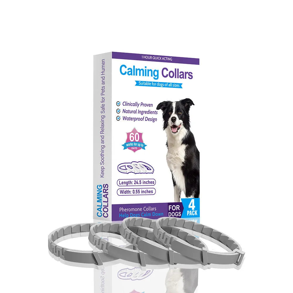 Four TPR dog anxiety collars in different colours showing Chinese style monochrome pattern.