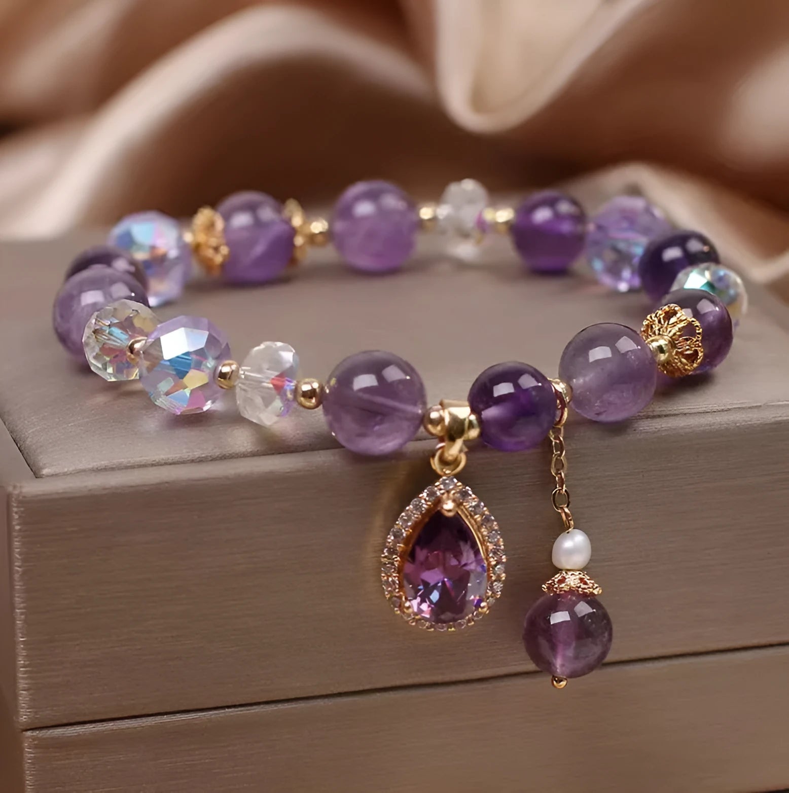 Women's natural amethyst bracelet with purple crystal stones and micro inlay detailing
