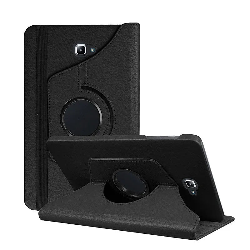 Rotating leather case for T-series tablet showing multiple viewing angles and colour options