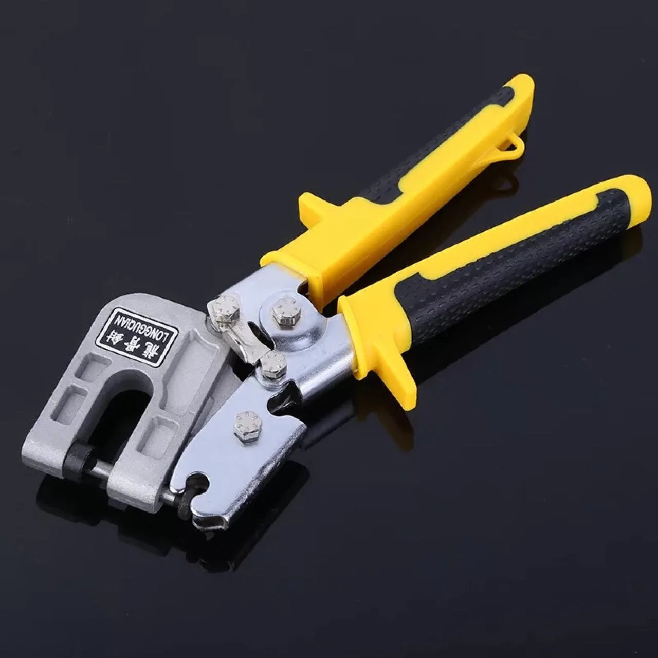 One-handed light steel keel pliers with yellow handle and 300 cm blade for ceiling fixing