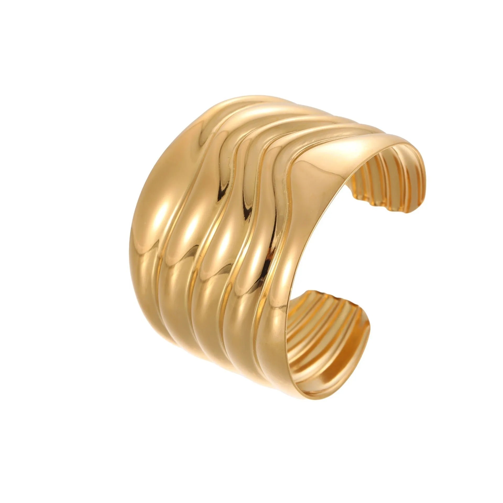 Women's gold-plated wide bracelet with stainless steel construction and geometric design