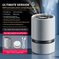 White desktop air purifier for small rooms with USB cable and aromatherapy tablet