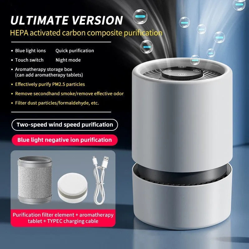 White desktop air purifier for small rooms with USB cable and aromatherapy tablet