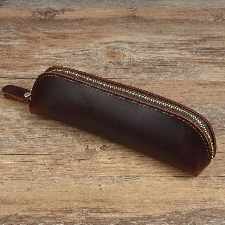 Handmade leather pencil case with zipper in black brown dark brown yellow colours