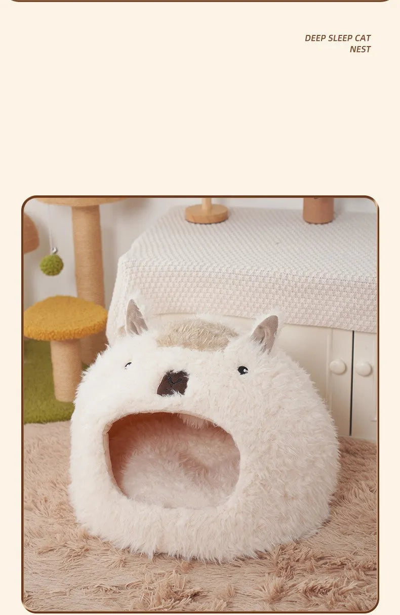 White lion velvet yurt-style pet cushion bed for cats and small dogs, winter warm bedding