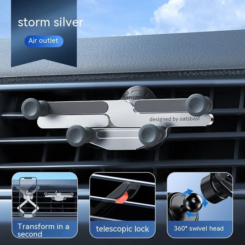 Silver aluminum alloy car air vent phone holder bracket with snap-on clip.