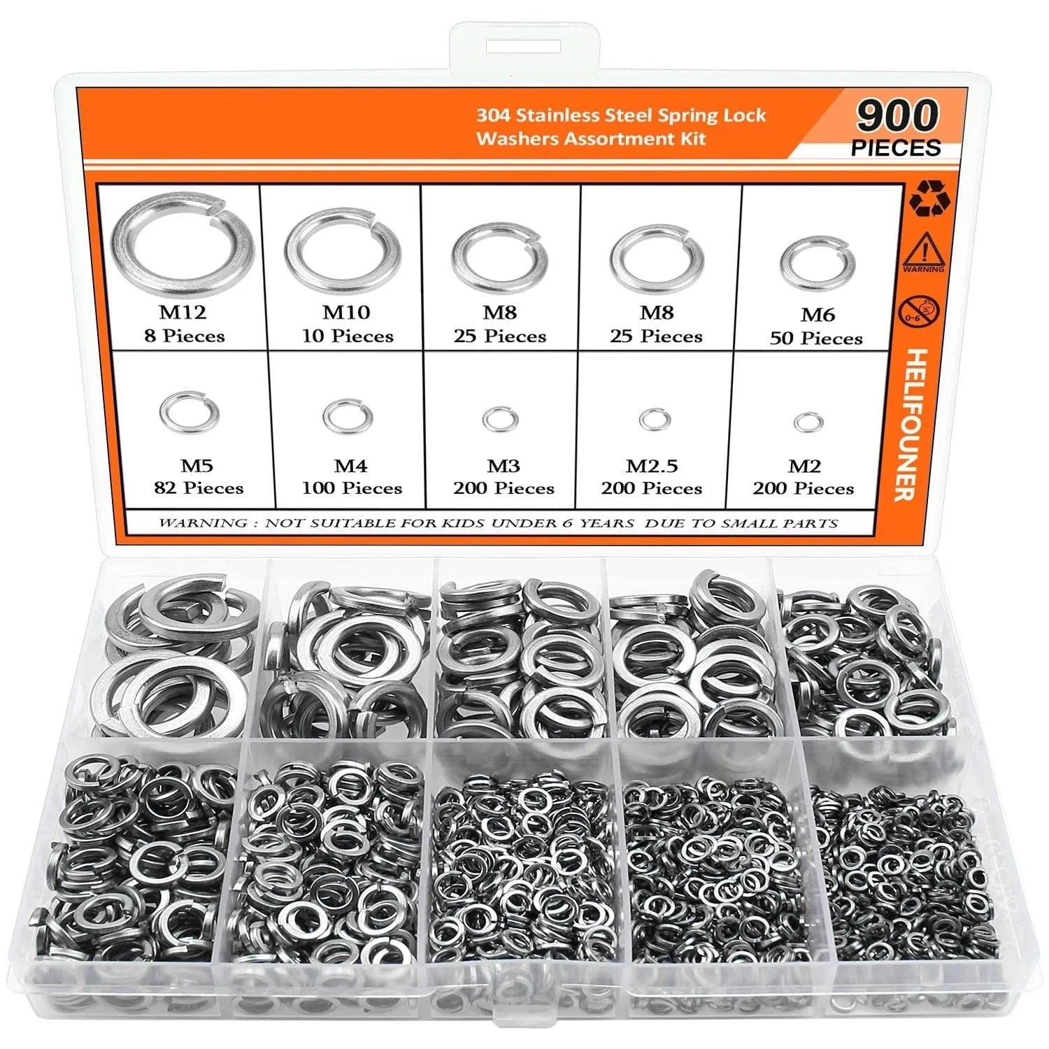 304 stainless steel spring lock washer combination box with 900 pieces in organised storage case