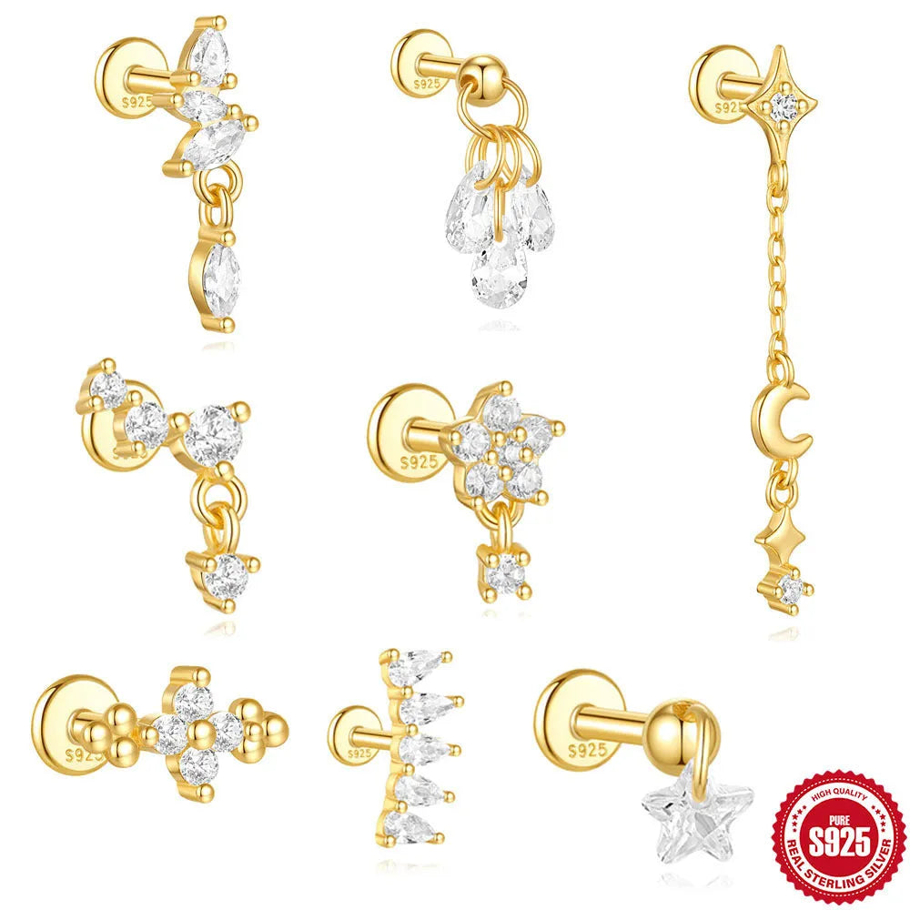 S925 sterling silver geometric star-shaped earrings with an embedded moon diamond, shown in a gold colour finish.