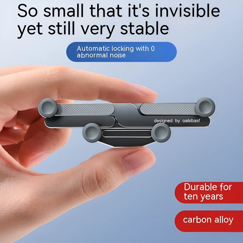 Silver aluminum alloy car air vent phone holder bracket with snap-on clip.