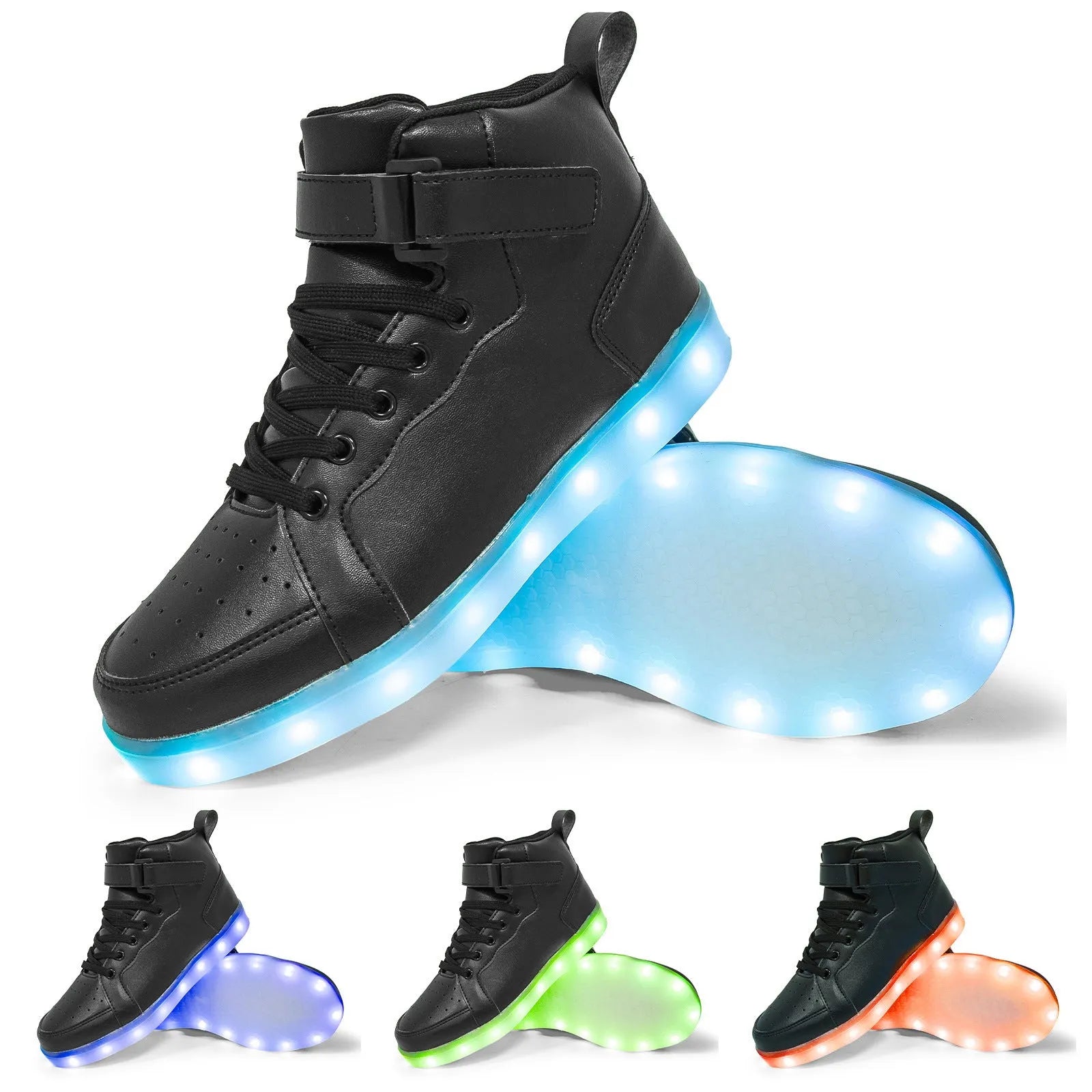 LED high-top board shoes with light-up features and Velcro fastening