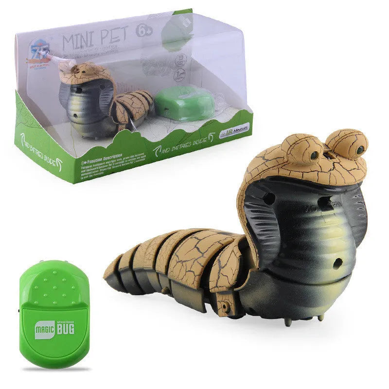 Smart sensing interactive electronic snake cat toy on a floor, showing segmented plastic body and USB charging port.