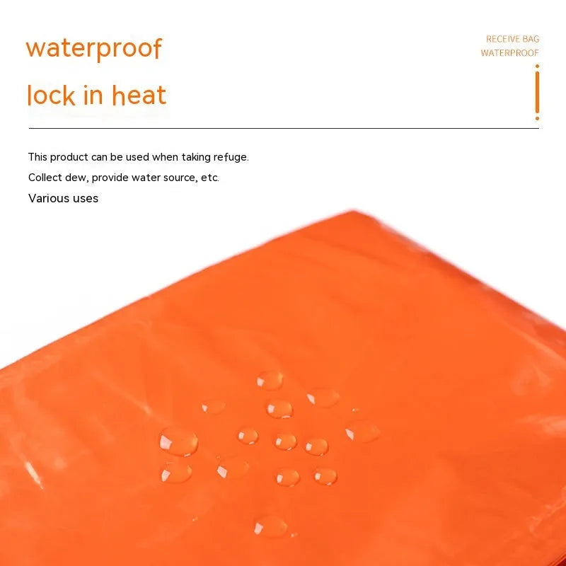 Orange emergency tent kit with sleeping bag, raincoat and whistle for disaster relief