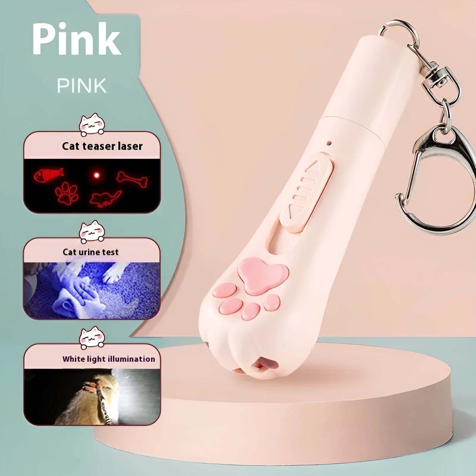Colourful cat teaser wand toy with feather attachment and pen light charger for interactive play.