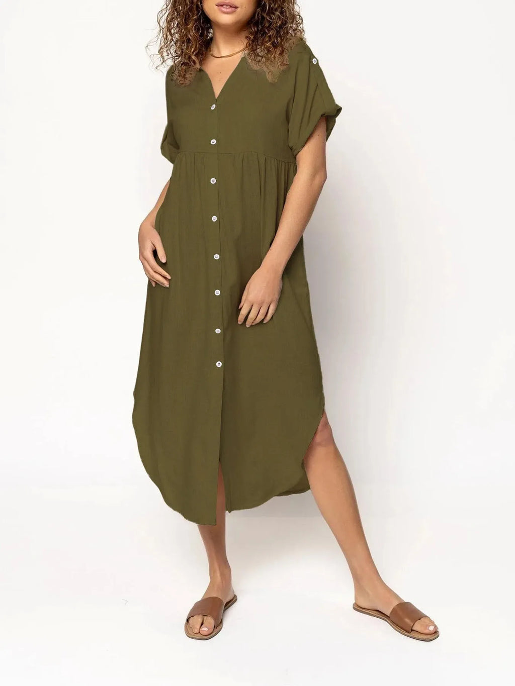 Loose temperament mid-length casual dress with button detailing in polyester fabric