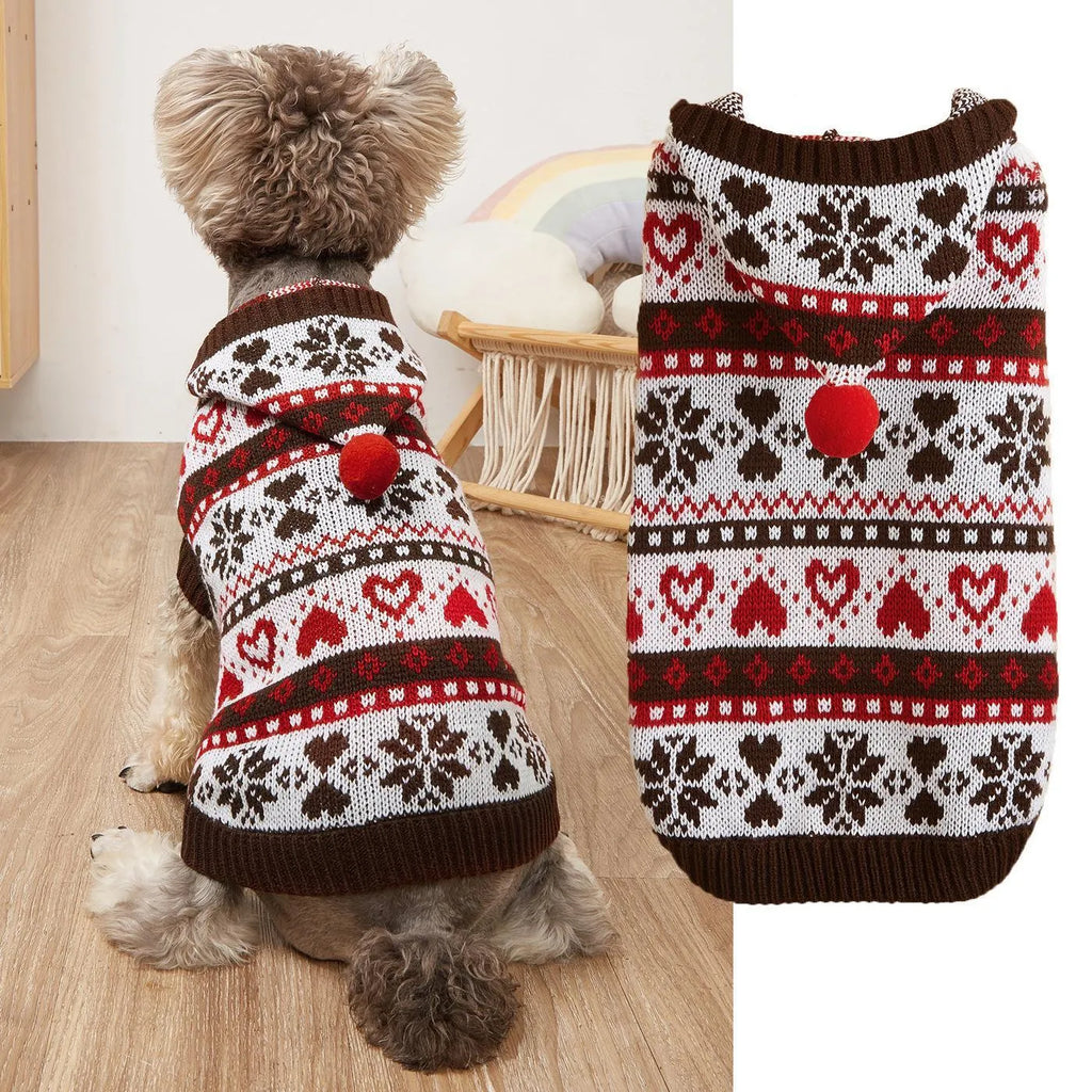 Blue striped camouflage dog sweater with snowflake and heart pattern on small white dog
