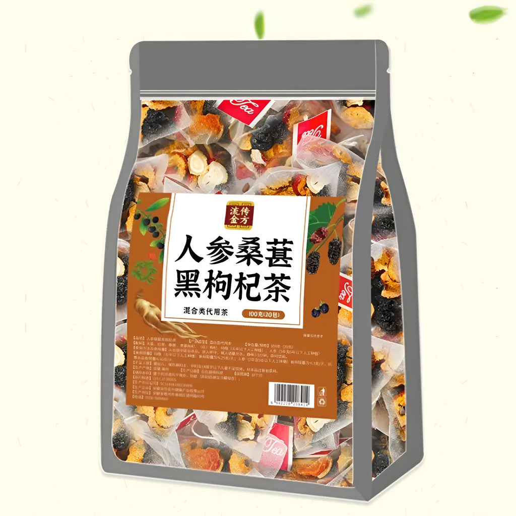 Sealed bag of Ginseng Black Wolfberry Tea containing 40 individual 5g tea bags.