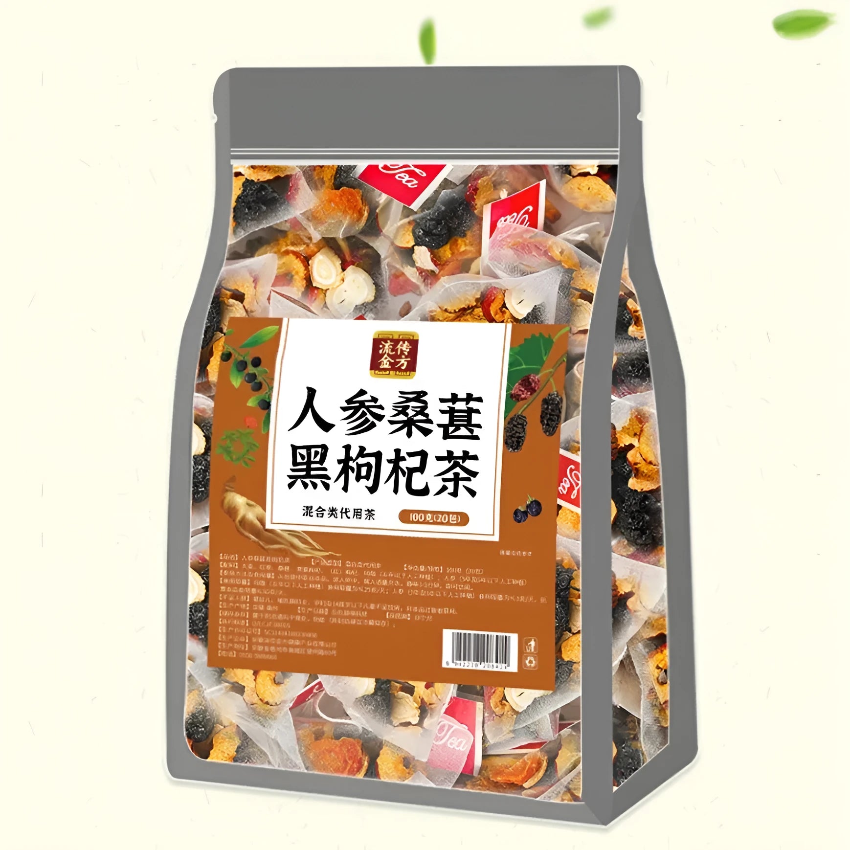 Sealed bag of Ginseng Black Wolfberry Tea containing 40 individual 5g tea bags.