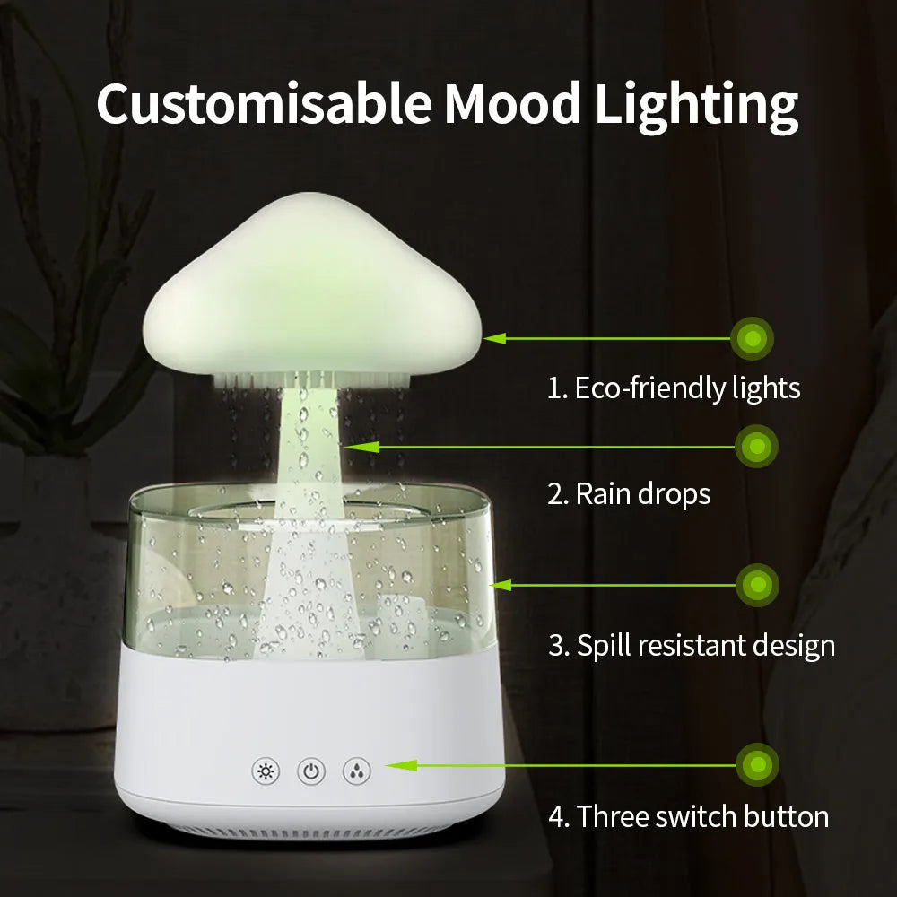 2-in-1 desk humidifier with raining cloud design, essential oil diffuser, and night light in white plastic finish